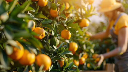 Wall Mural - orange juice advertising banner with space for text, orange picker picking oranges close up with space for text