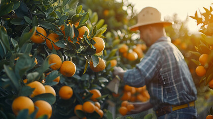 Poster - orange juice advertising banner with space for text, orange picker picking oranges close up with space for text