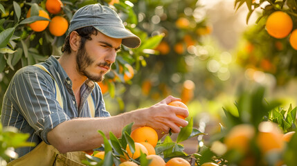 Wall Mural - orange juice advertising banner with space for text, orange picker picking oranges close up with space for text