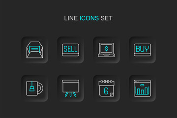 Sticker - Set line Browser with stocks market, Calendar, Chalkboard, Cup of tea, Buy button, Laptop dollar, Sell and Envelope icon. Vector