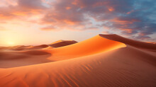 A Quiet Desert During Sunset, Portraying A Tranquil And Serene Scene With The Warm Hues Of The Setting Sun Casting A Peaceful Glow Over The Landscape.