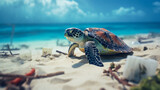 Fototapeta  - Baby sea turtles crawl along trash-strewn beaches.