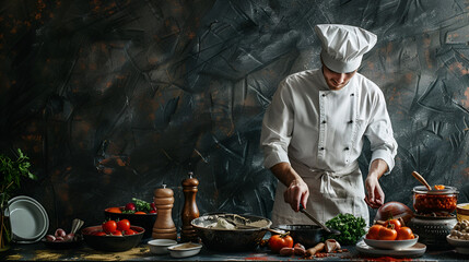 chef preparing food with copy space on dark background with space for text