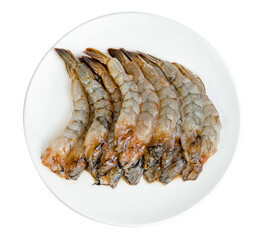 Sticker - Peeled shrimp raw  with plate isolated