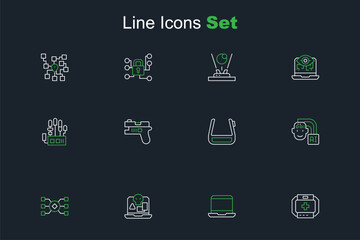 Sticker - Set line First aid kit, Laptop, Internet piracy, Neural network, Humanoid robot, Smart glasses on spectacles, Futuristic weapon and Mechanical hand icon. Vector