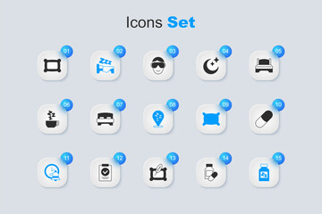 Sticker - Set Sleeping pill, Big bed, Time to sleep, Alarm clock, Pillow and Sleepy icon. Vector