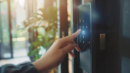 Closeup of woman finger entering password code on the smart digital touch screen keypad entry door lock in front of the room. Smart device concept.