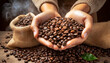 Close-up of two hands (cupped hands full of roasted coffee beans) of a female farmer showing the harvest of a coffee beans, and a burlap sack (jute sack) with roasted coffee beans. Generative Ai.