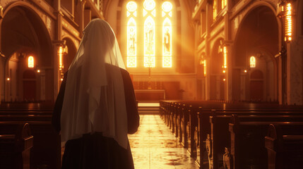 Generated with AI image of young catholic nun praying in church.