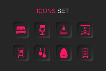 Poster - Set Lamp hanging, Office chair, Big bed, Pouf, Chest of drawers, and Chair icon. Vector