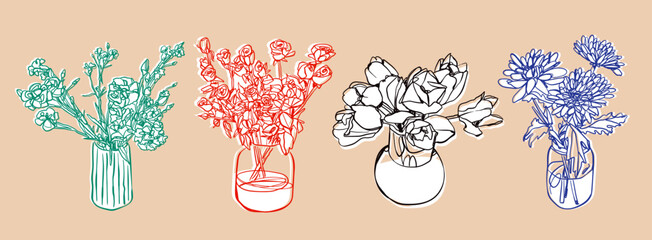 Wall Mural - outline flower bouquet in a glass vase or jar. hand drawn vector illustration. paper cut, sticker, e