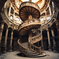 Poster - A spiral staircase in an old European building.