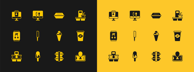 Sticker - Set Coffee cup to go, Ice cream, in waffle, Lunch box, Knife, Online ordering food and icon. Vector