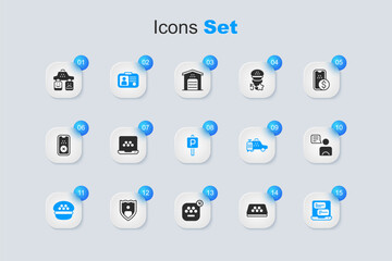 Poster - Set Taxi car roof, mobile app, driver license, cap, service rating and Parking icon. Vector