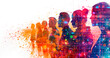 © PHILL THORNTON PHOTO - Colourful silhouette of a line of international people, overlayed with a digital technology communication diagram, representing working in global network partnership, banner style image.