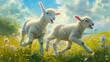 Osterlamm 2 Osterlämmer auf einer Wiese fröhlich laufend bei Sonnenschein Schafskinder Generative AI