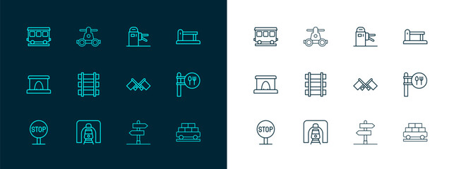 Wall Mural - Set line Railway barrier, Train in railway tunnel, Flag, Road traffic sign, Railway, railroad track, Turnstile, Passenger train cars and Handcar transportation icon. Vector