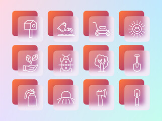 Sticker - Set line Sun, Sunrise, Tree, Wooden axe, Colorado beetle, Lawn mower, Bird house and Watering can icon. Vector