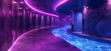 Fototapeta Przestrzenne - Futuristic moody purple tunnel with glowing neon path, Conceptual architecture with electric blue light | Generative AI