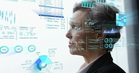 Wall Mural - Animation of statistics and data processing over caucasian businesswoman in office