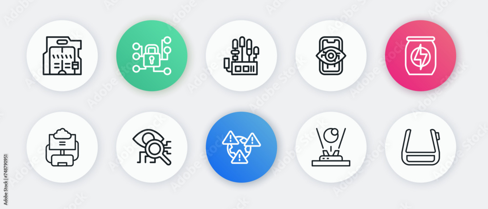 Set line Earth with exclamation mark, Energy drink, Cloud database ...