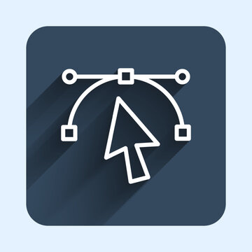 White line Bezier curve icon isolated with long shadow background. Pen tool icon. Blue square button. Vector