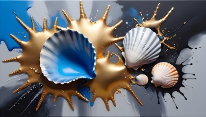 Wall Mural - Splashes of bright paint on the canvas. Seashell. Gold, black, blue and gray colors. Interior painting. Beautiful background