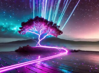 Wall Mural - Enlighted tree with neon light glow. Futuristic and science fiction wallpaper.