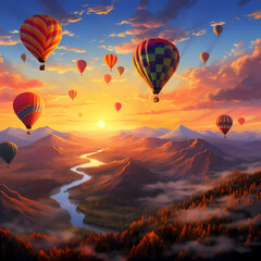 Canvas Print - A cluster of hot air balloons during sunrise.