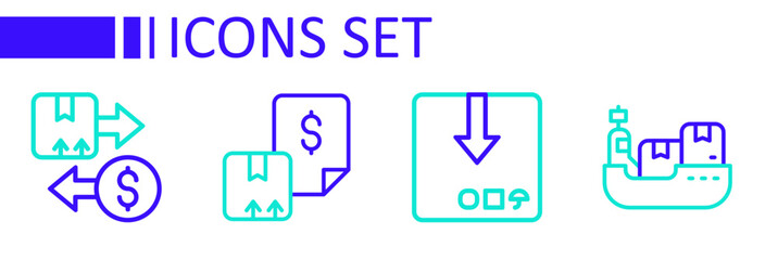 Poster - Set line Cargo ship with boxes delivery, Carton cardboard, Waybill and Tax icon. Vector