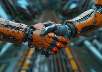 Poster - robot hands shaking. two robots make an alliance and shake hands in agreement