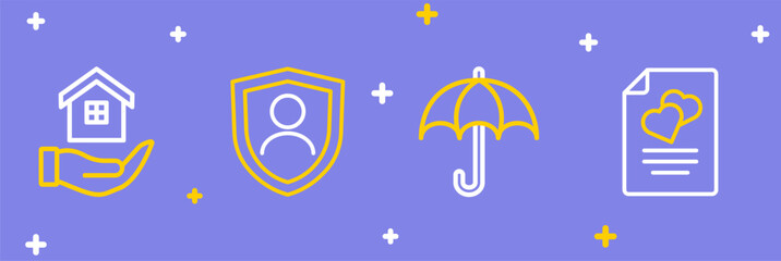 Sticker - Set line Marriage contract, Umbrella, Life insurance with shield and House hand icon. Vector