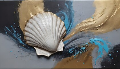 Wall Mural - Splashes of bright paint on the canvas. Seashell. Gold, black, blue and gray colors. Interior painting. Beautiful background