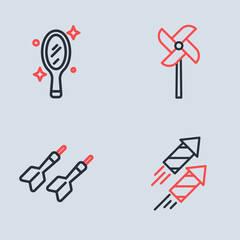 Sticker - Set line Pinwheel toy, Dart arrow, Firework rocket and Magic hand mirror icon. Vector