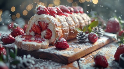 Poster - sliced strawberry cream roll, background light with decorations, mindblowing, sharpness, details