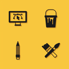 Canvas Print - Set Computer with design program, Paint brush, Pencil eraser and bucket icon with long shadow. Vector