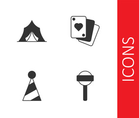 Wall Mural - Set Lollipop, Circus tent, Party hat and Playing cards icon. Vector