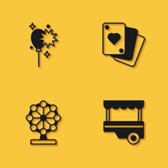 Poster - Set Balloons with ribbon, Fast street food cart, Ferris wheel and Playing cards icon with long shadow. Vector