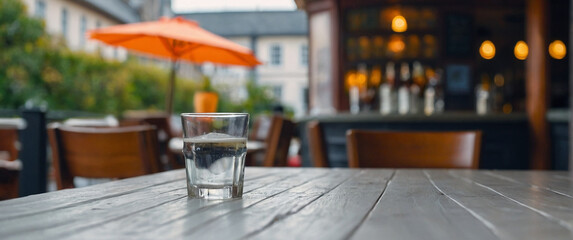 an empty table for assembling products outside an expensive and cozy restaurant in the city, bar in the background, space for text
