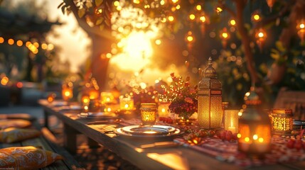 The warm golden rays of the setting sun cast a serene glow over a rustic outdoor dining table decorated with lanterns and a bowl of fresh fruit, inviting a serene iftar experience