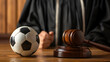 Courtroom, close-up judge's hammer and soccer ball next to it. Concept of court rulings on football world
