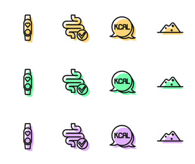 Sticker - Set line Kcal, Smart watch with heart, Intestines and Salt icon. Vector