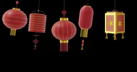 Poster - Animation of chinese red lamps hanging with copy space on black background