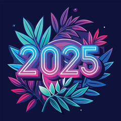 Sticker - A colorful graphic of a leafy plant with the number 2025 in neon green letters