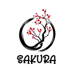 Sakura cherry tree blossom in enso zen circle vector image. Blossoming branch of oriental cherry in black enso logo vector.