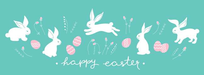 Wall Mural - Easter banner decorated with cute white bunnies, flowers and easter eggs. Vector illustration