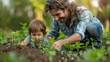 Mom and her child girl plant sapling tree. Spring concept, nature and care. Father wearing gray shirt and shorts and son in checkered shirt and pants planting tree under sun. hands holding young plant