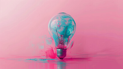 Lightbulb reflects on a pink surface with abstract blue strokes, symbolizing creative energy.