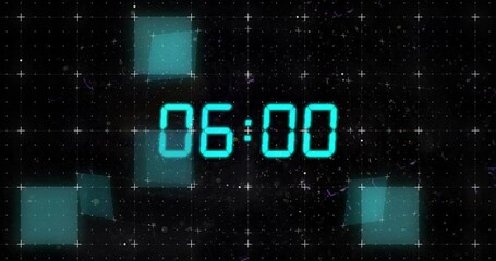 Poster - Animation of blue digital clock timer changing over grid on black background