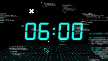Poster - Animation of blue digital clock timer changing over data processing on black background